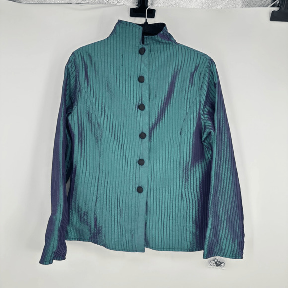 Vintage 80s Women’s Pleats Reversible Jacket Iridescent Green Black Asian Style - Picture 2 of 10